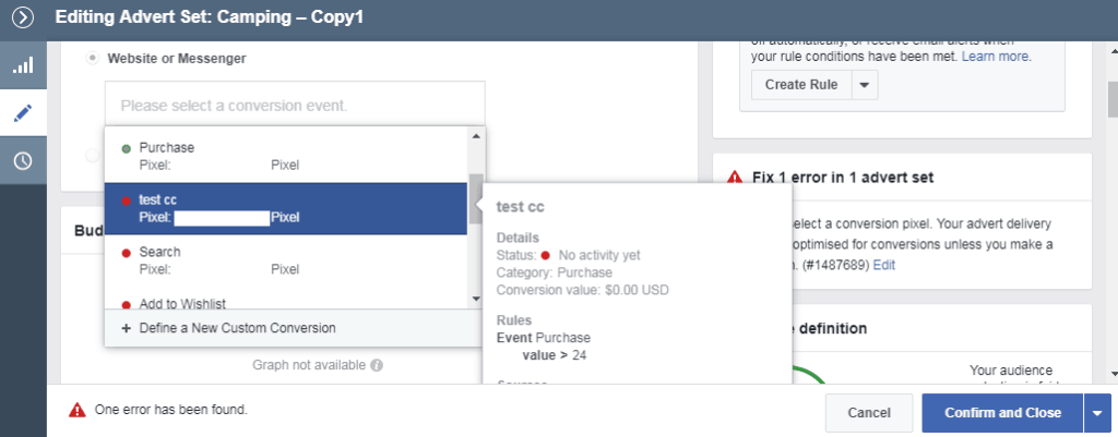 Selecting the Facebook custom conversions pixel for optimization