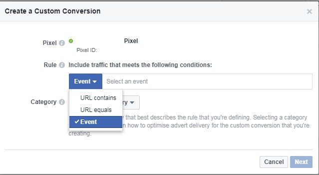 Selecting the Facebook custom conversion Rules