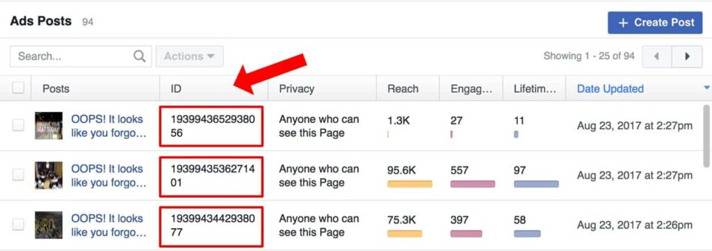 Facebook Ad Existing Post ID Screenshot