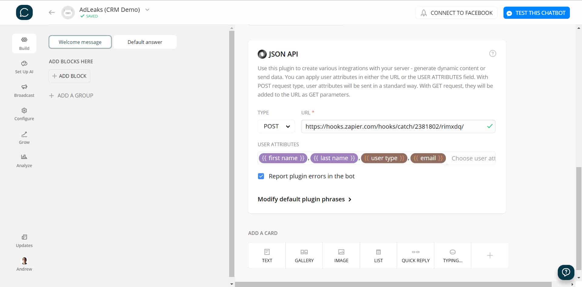 User Attributes with JSON API (Chatfuel)