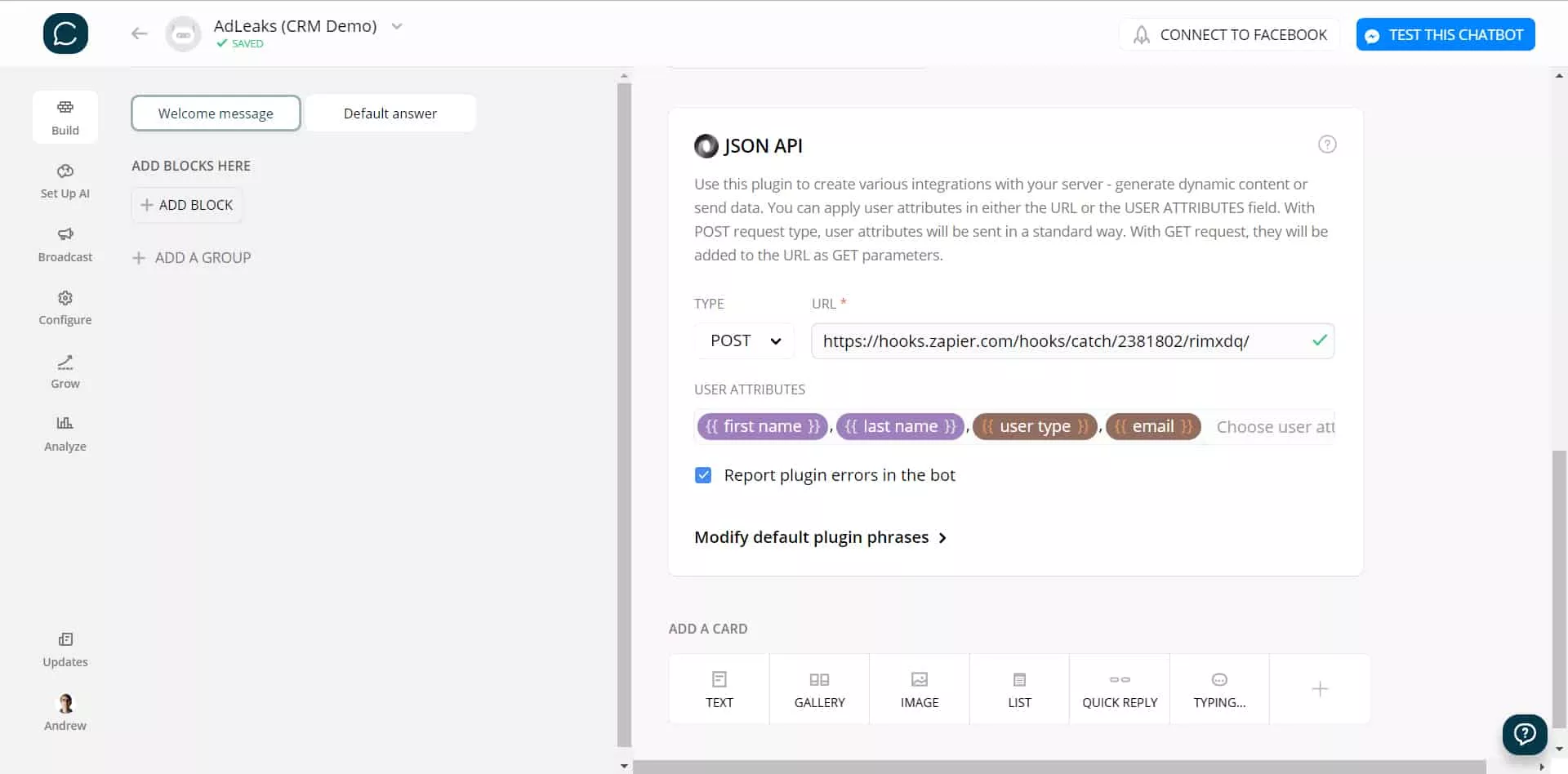 User Attributes with JSON API (Chatfuel)
