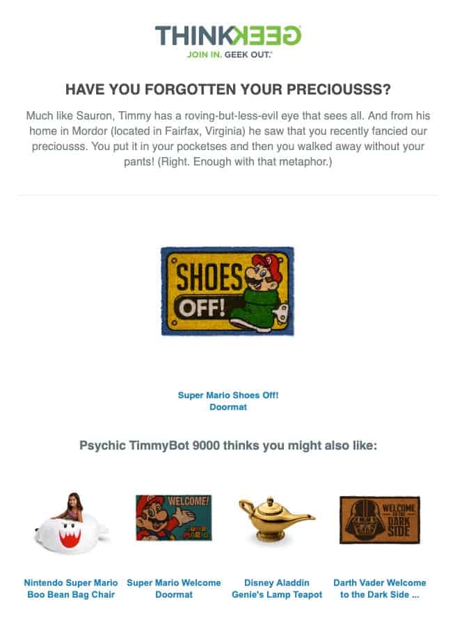 cart abandonment emails thinkgeek