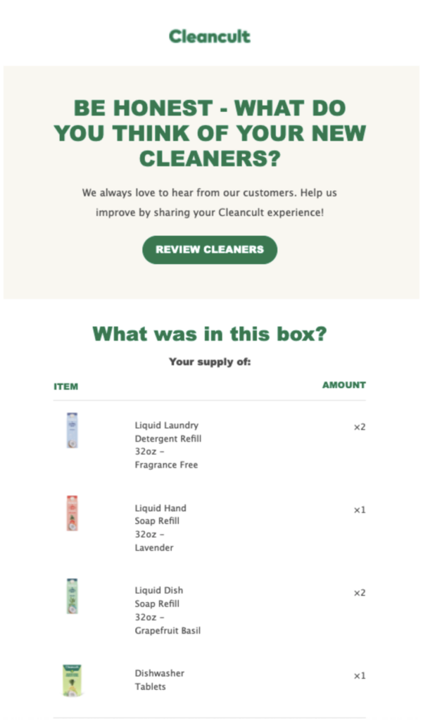 automated post purchase emails cleancult